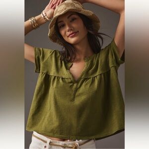 Pilcro Anthropologie Olive Green V Neck Flowy Short Sleeve Tee